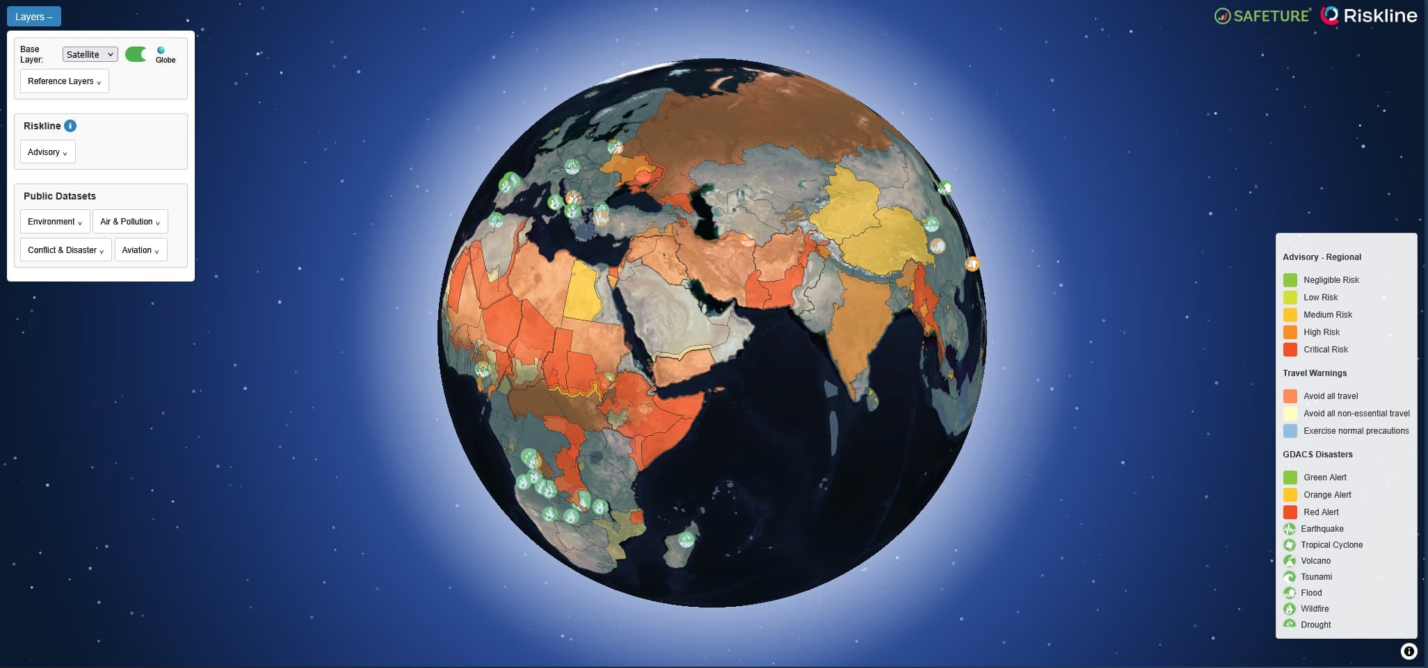 Risk Map: il globo mostra in quali paesi le aziende affrontano sfide, ma anche opportunità. Fonte: Riskline e Safeture.